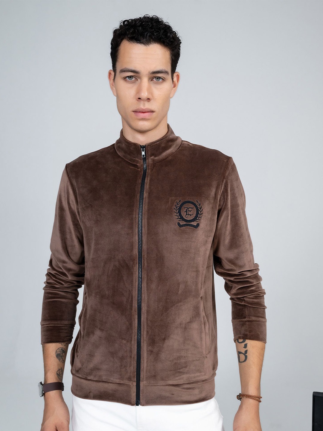 

EDRIO Men Mock Collar Long Sleeves Front-Open Sweatshirt, Brown