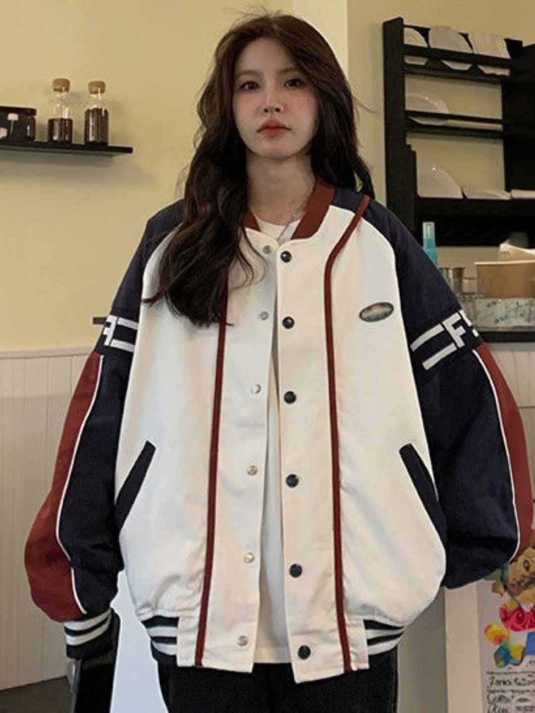 

KPOP Women Colourblocked Open Front Jacket, Navy blue