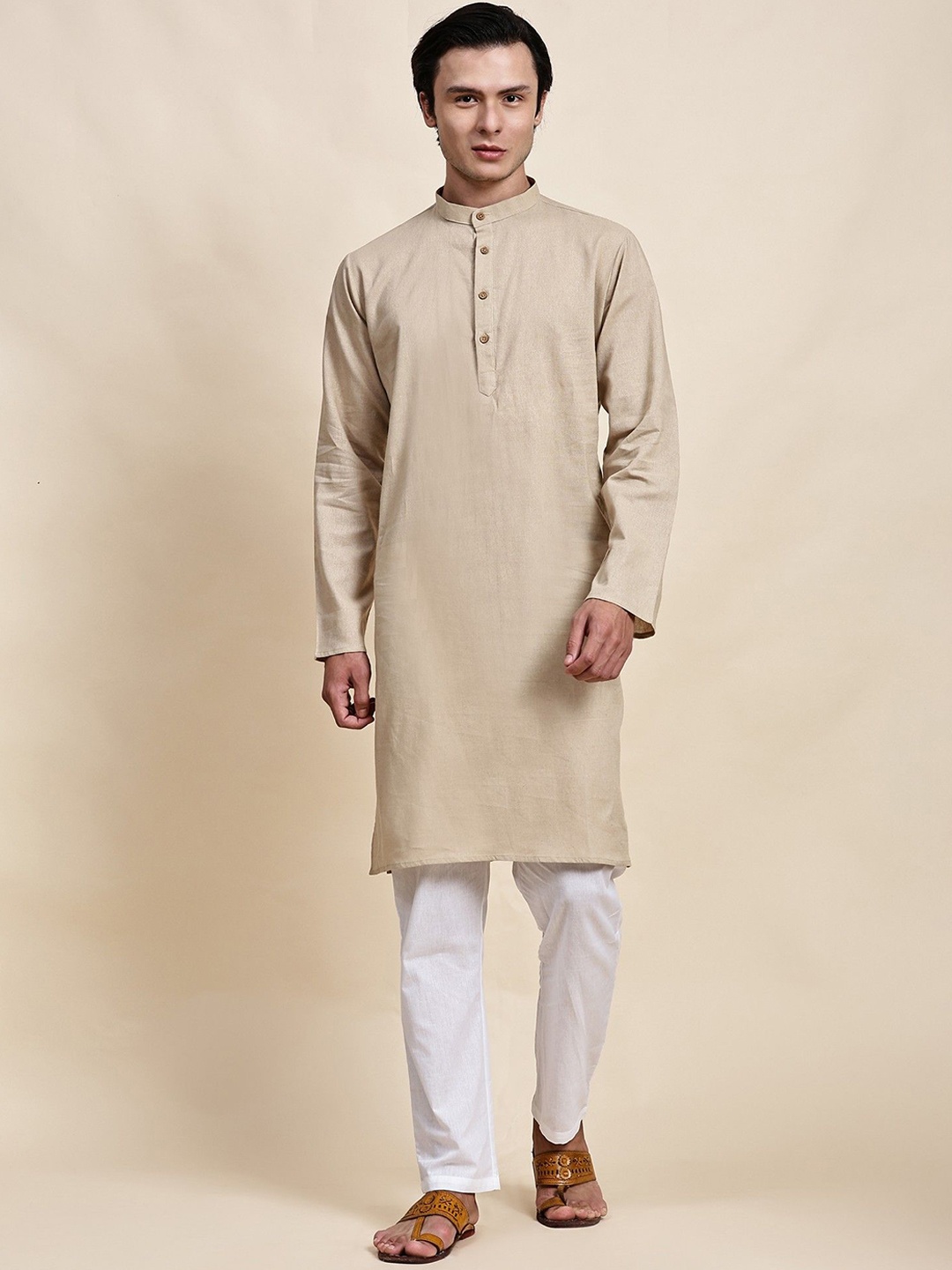 

SKAVIJ Mandarin Collar Regular Cotton Linen Straight Kurta with Pyjamas, Beige