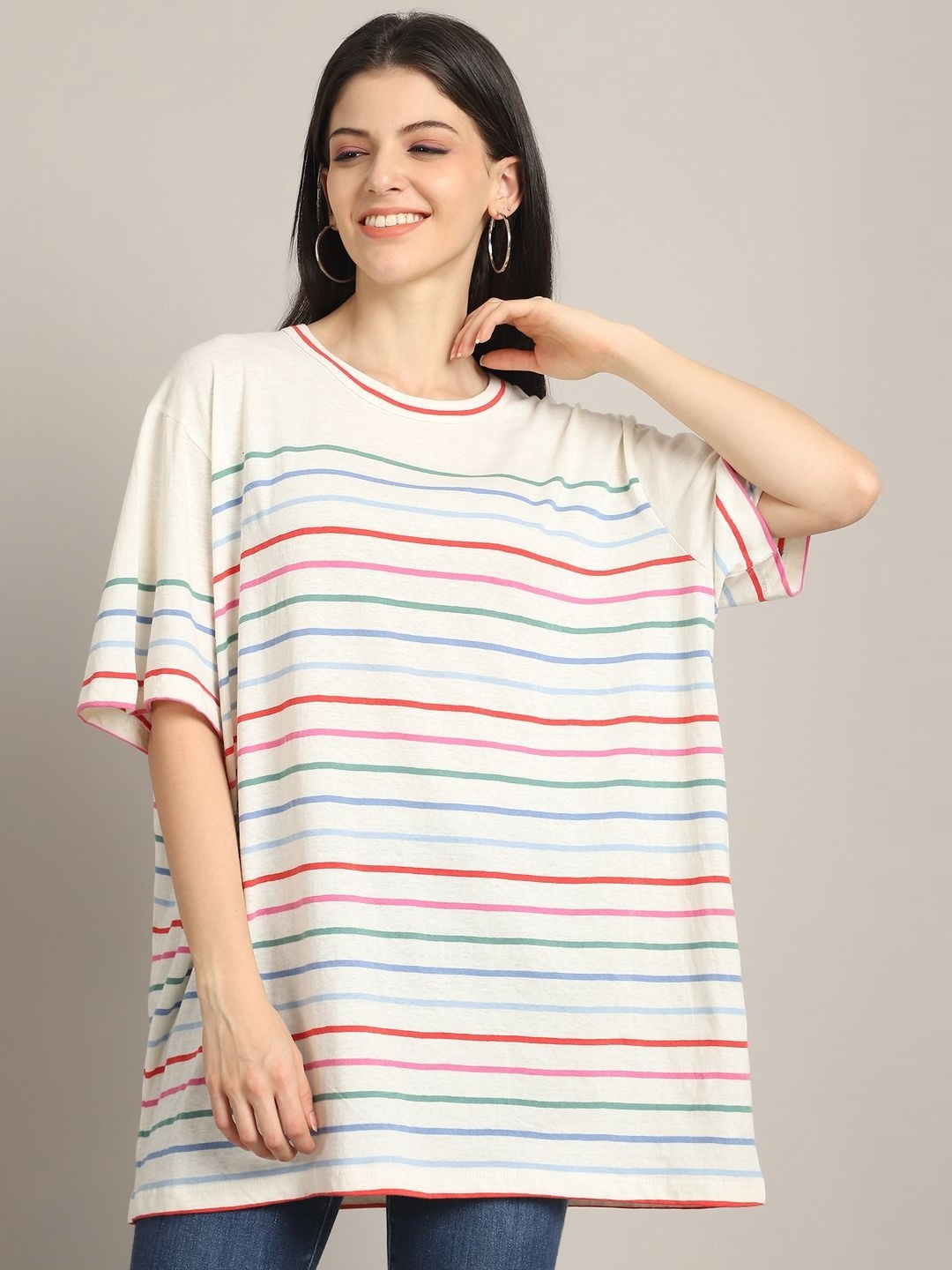 

Rute Women Striped Extended Sleeves Pure Cotton Pockets T-shirt, Multi