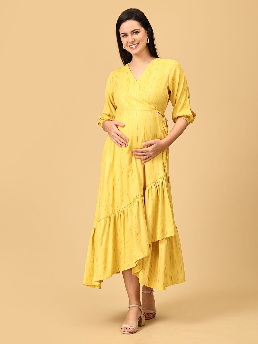

The Mom Store Women Cotton Puff Sleeve Maternity Maxi Dress, Yellow