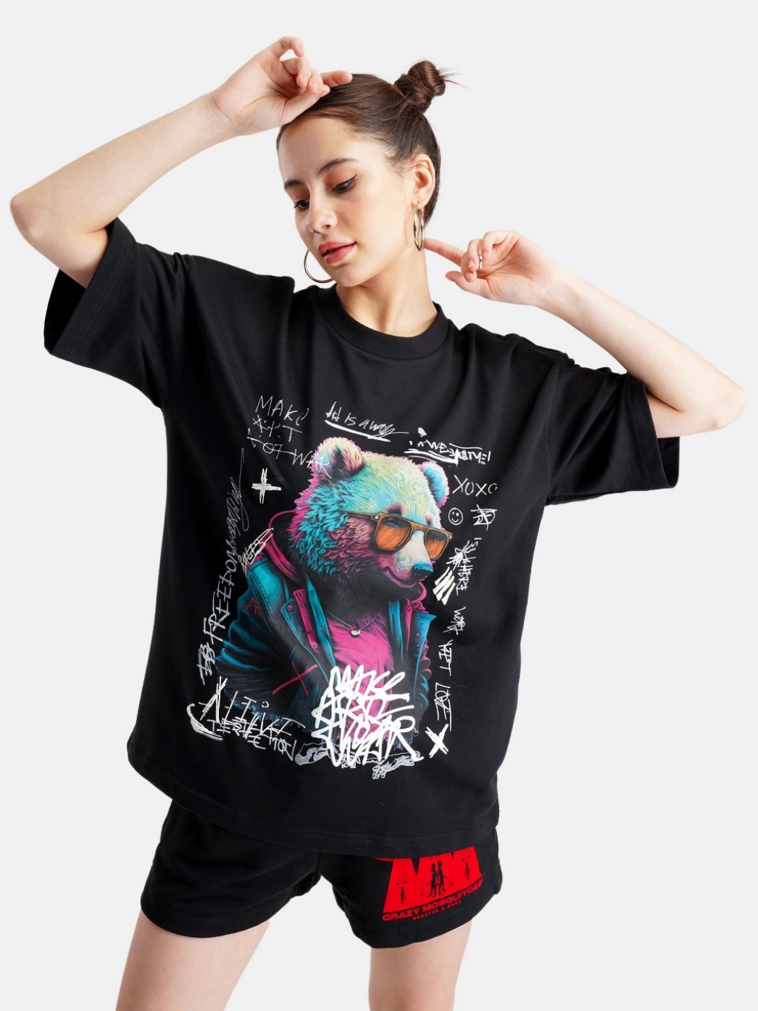 

Crazy Mosquitoes Women Printed Mandarin Collar Extended Sleeves Pockets T-shirt, Black