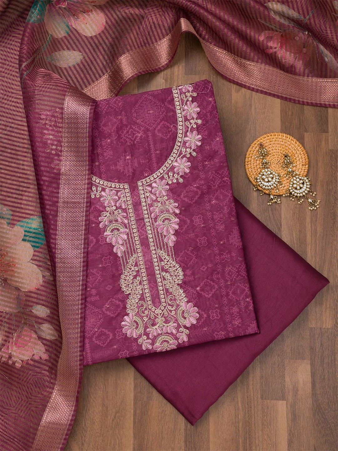 

Koskii Floral Embroidered Sequinned & Zari Work Pure Cotton Unstitched Dress Material, Purple