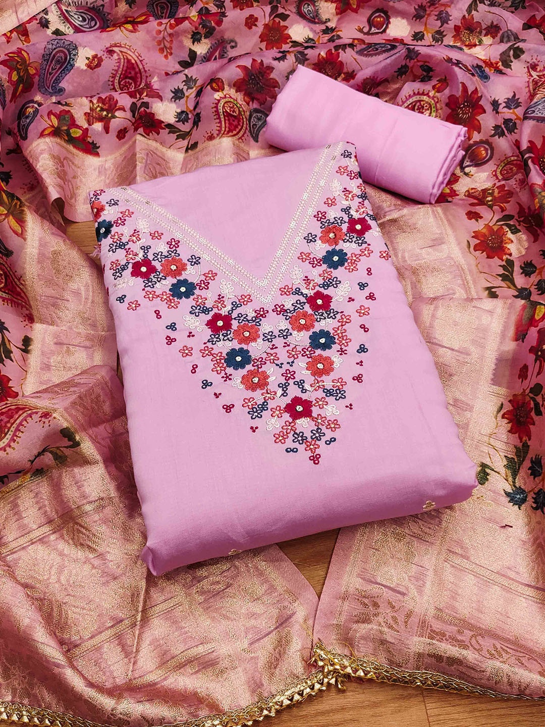 

KALINI Floral Embroidered Unstitched Dress Material, Pink