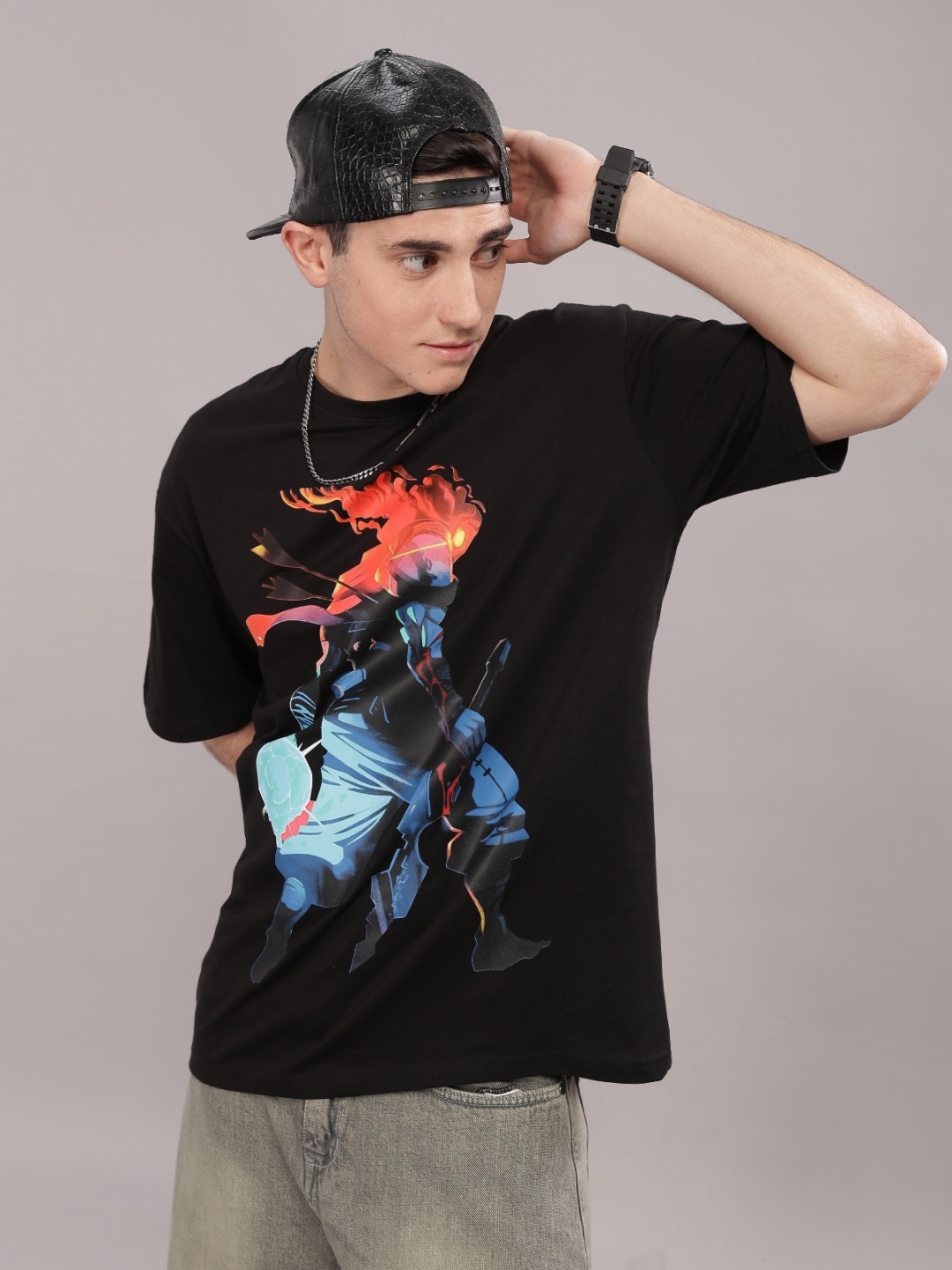 

TOMHIDDLE Anime Printed Drop-Shoulder Sleeves Oversized T-shirt, Black