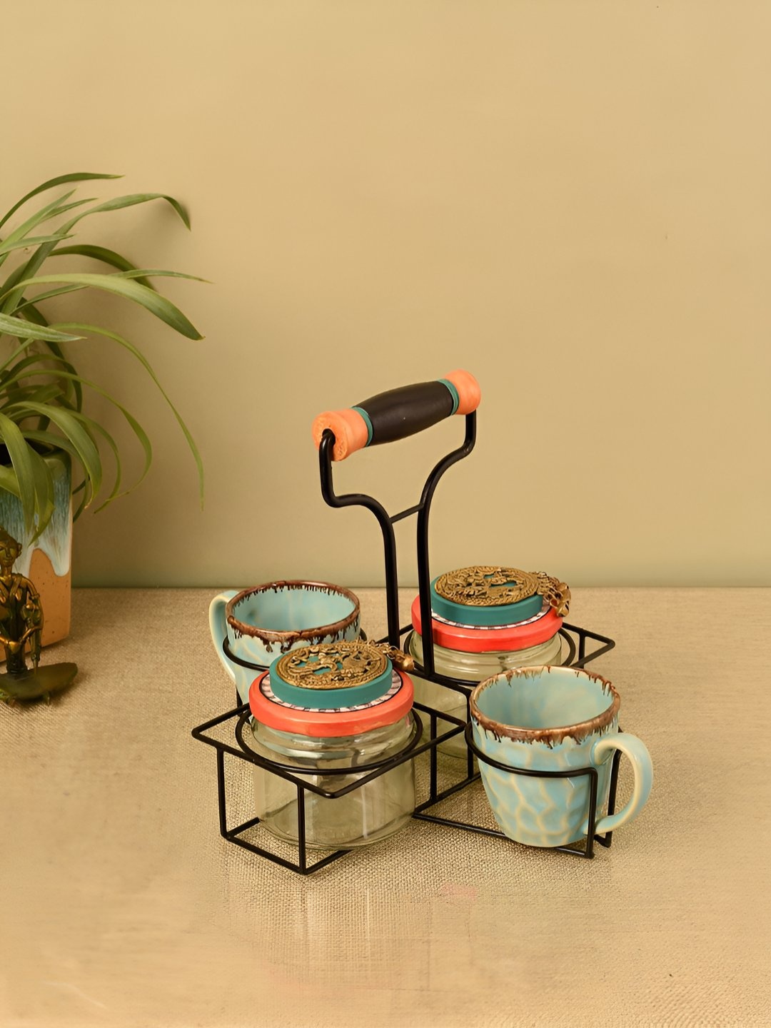 

AAKRITI ART CREATIONS Blue & Peach 4 Pieces Metal Containers With Tray