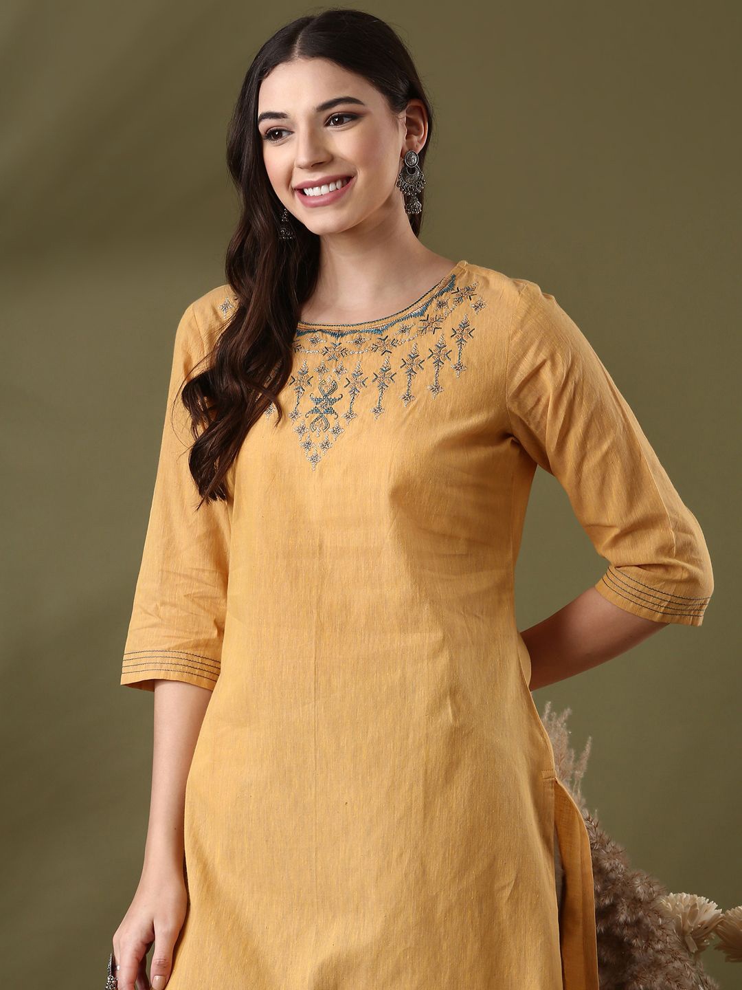 

Anouk Mustard Yellow Floral Embroidered Pure Cotton Straight Kurta