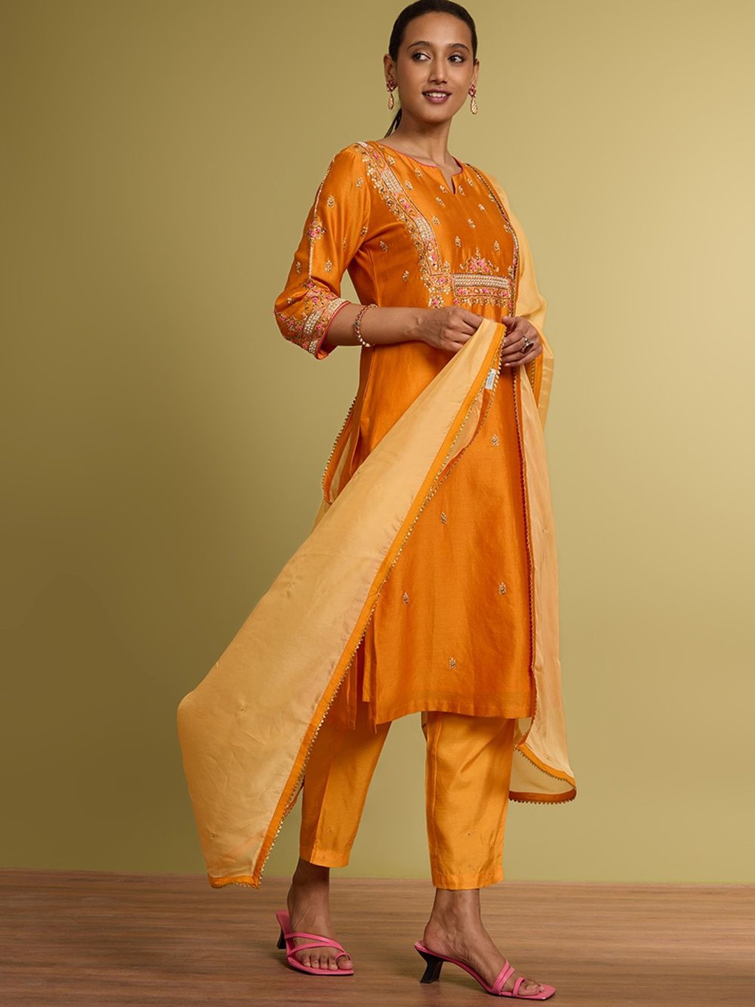 

Taneira Ethnic Motifs Embroidered Sequinned Straight Kurta with Trouser & Dupatta, Orange