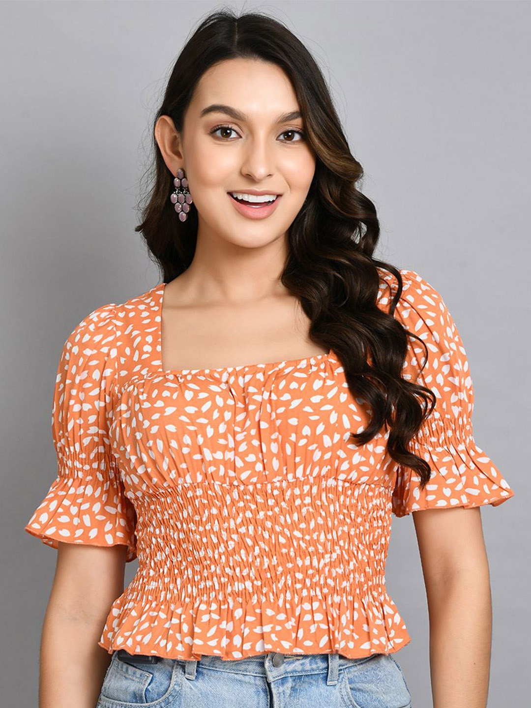 

PRETTY LOVING THING Women Printed Puff Sleeve Crop Top, Orange