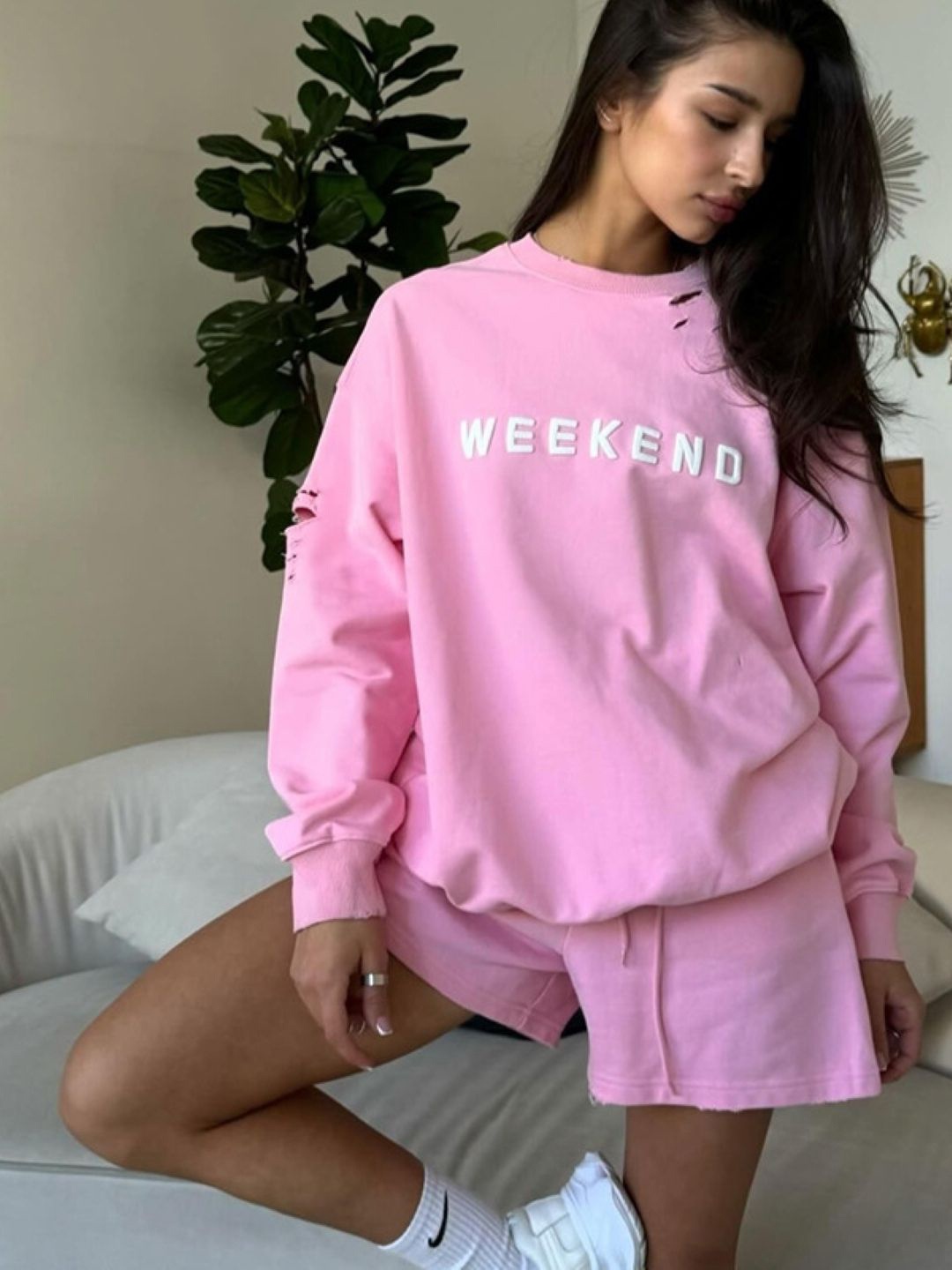 

HERE&NOW Women Round Neck Printed Long Sleeves Sweatshirt, Pink