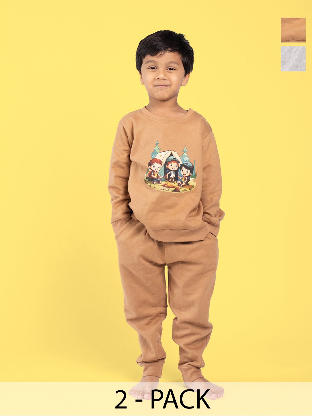 

Orange Sugar Unisex Kids Pack of 2 Printed Pure Cotton T-Shirt with Pyjamas, Brown