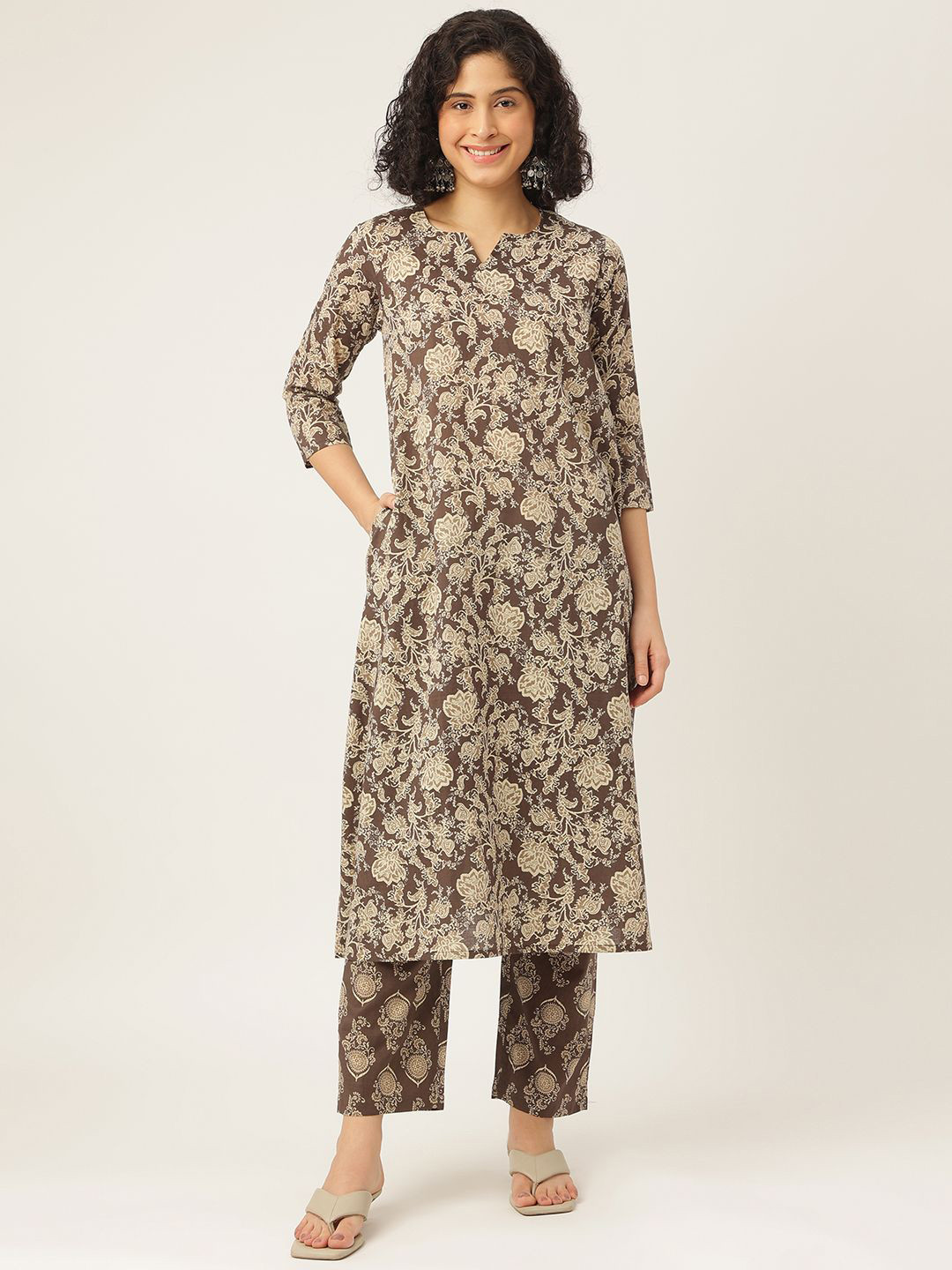

SPARSA Notch Neck Floral Printed Pure Cotton A-Line Kurta with Palazzos, Brown