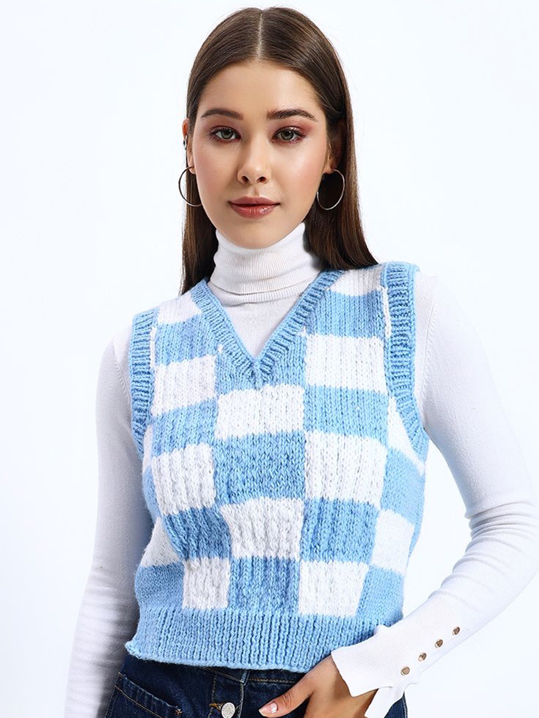 

Sugercandy Women Checked Woollen Sweater Vest, Blue