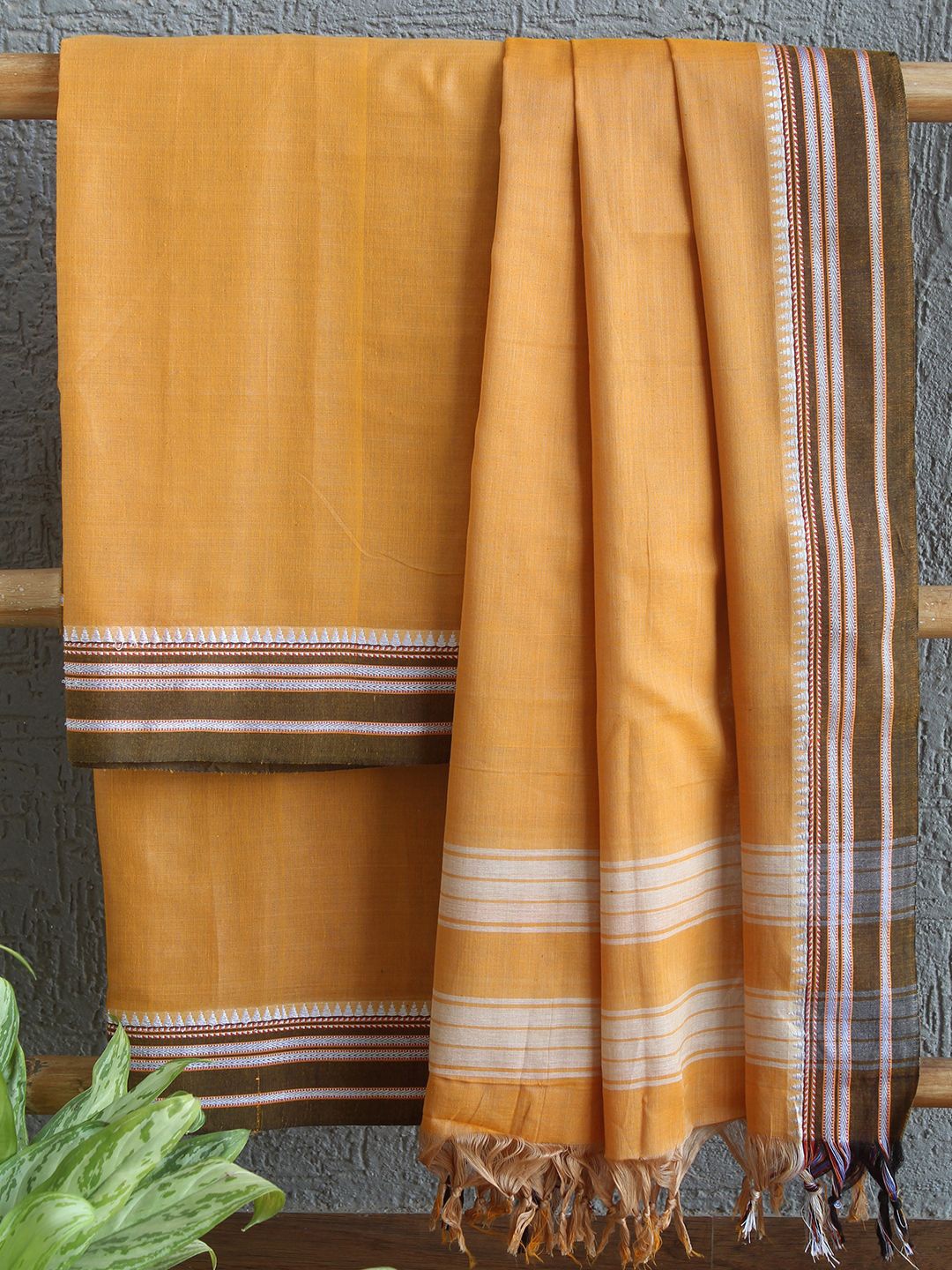 

Weaves of Tradition Striped Woven Design Zari Pure Cotton Unstitched Dress Material, Orange