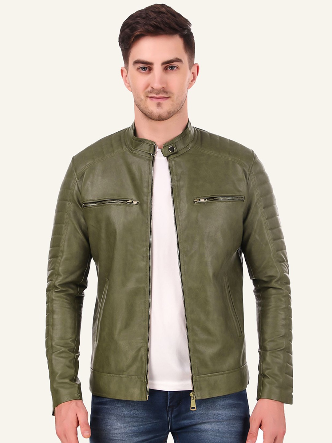 

Leather Retail Men Biker Jacket, Green