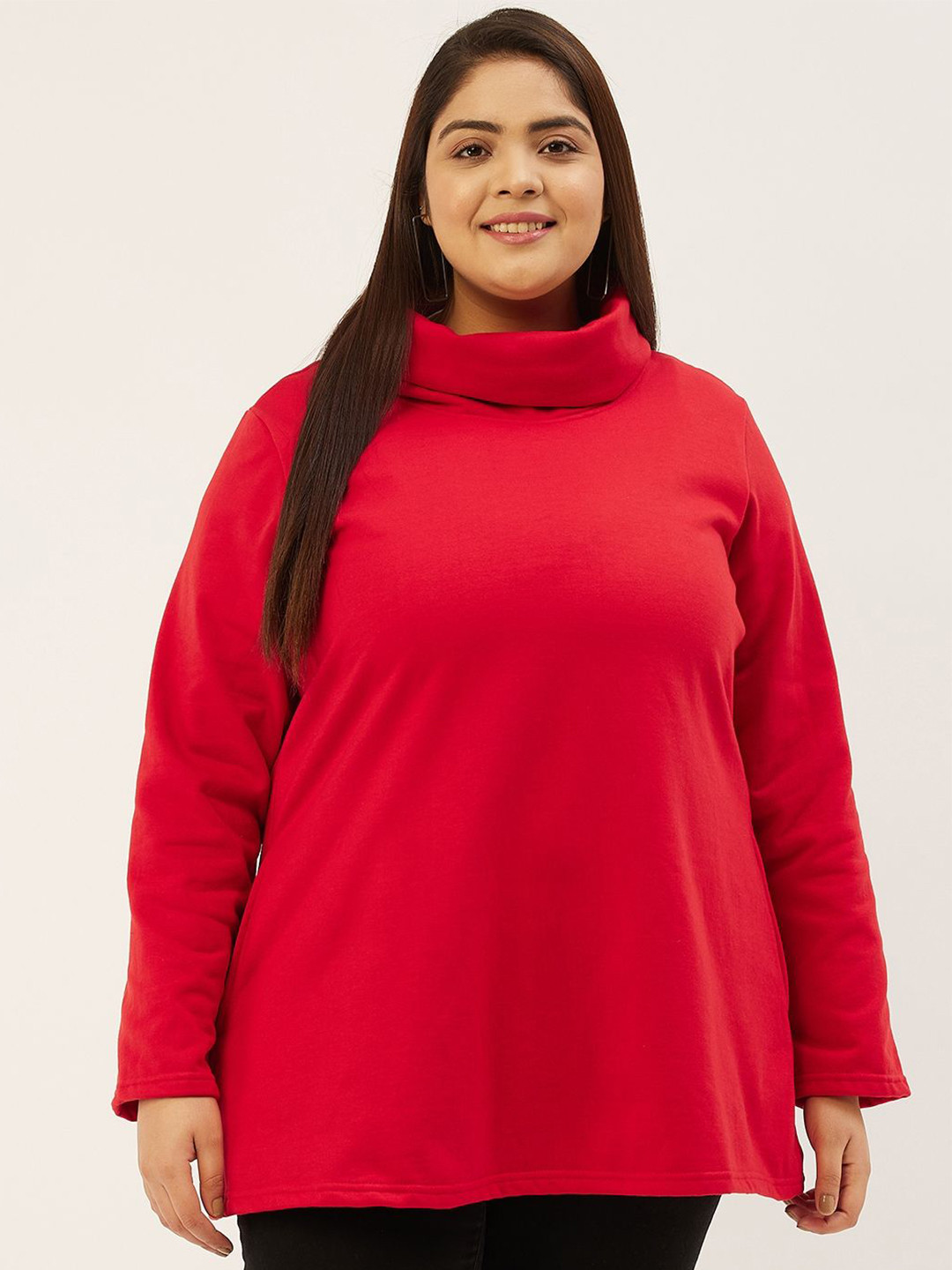 

theRebelinme Women Turtle Neck Cotton Plus Size Sweatshirt, Red
