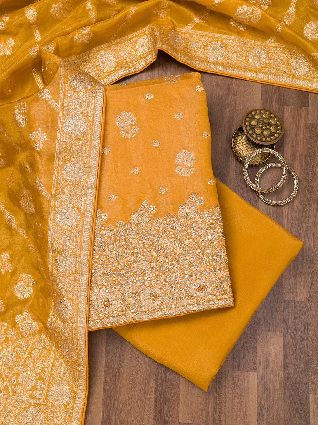 

Koskii Floral Embroidered Zari Work Unstitched Dress Material, Yellow