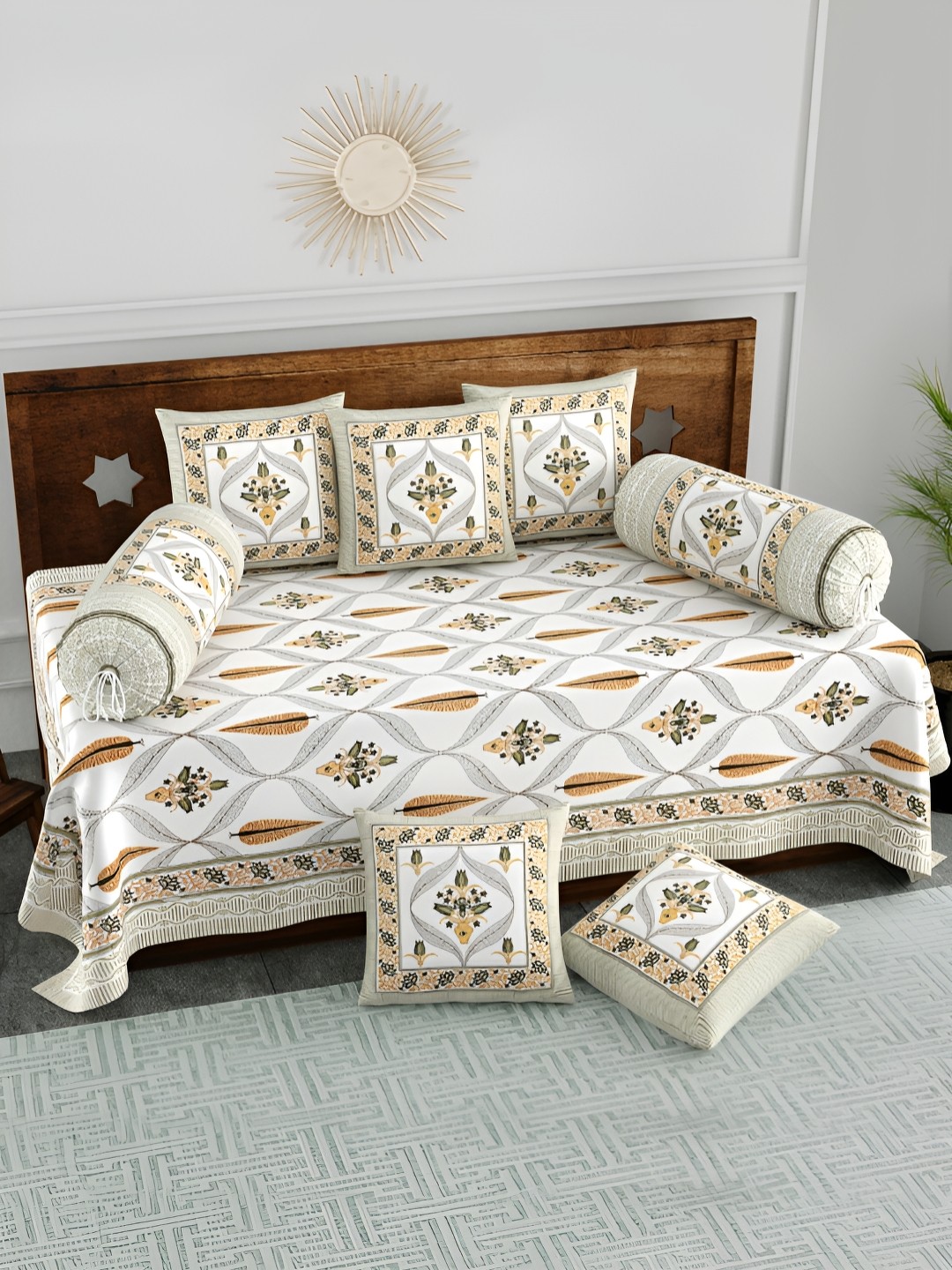 

BLOCKS OF INDIA White & Yellow 8 Pieces Ethinic Motifs Printed Cotton Diwan Set