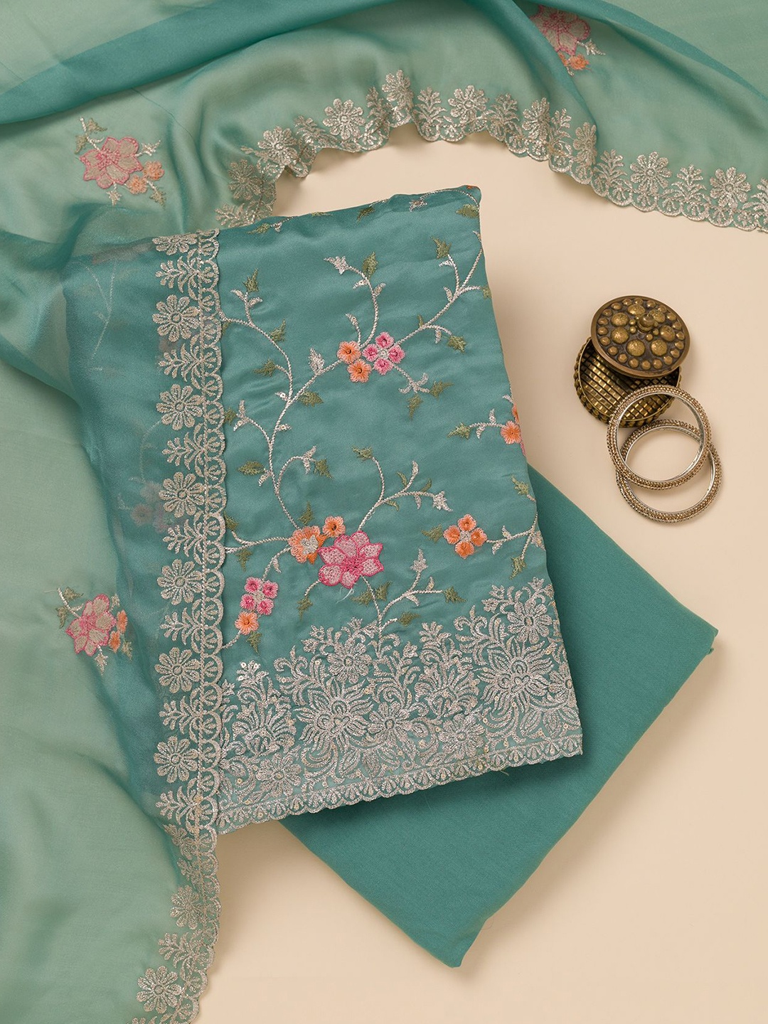 

Koskii Floral Embroidered Zari Unstitched Dress Material, Green