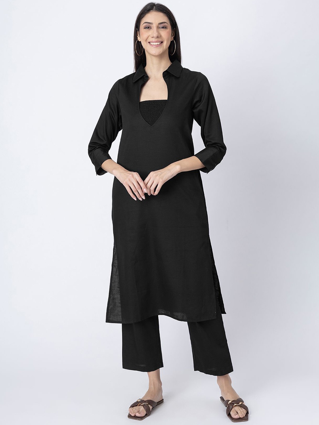 

Moomaya Shirt Collar Pure Cotton Kurta with Trouser and Tube Top, Black