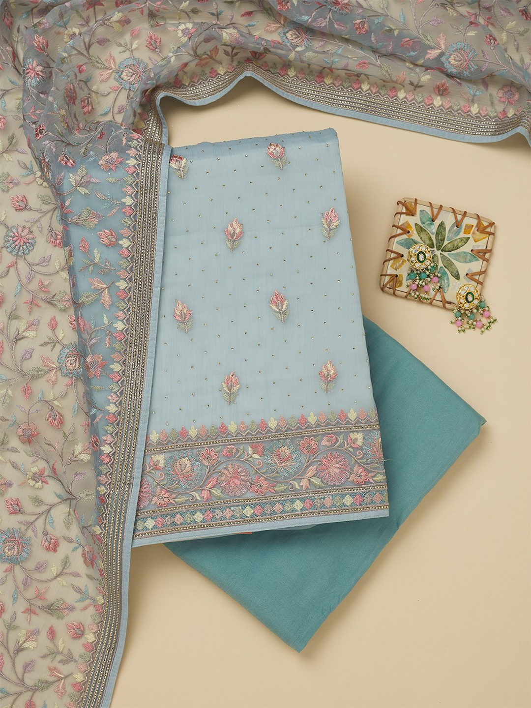 

Koskii Floral Embroidered Unstitched Dress Material, Blue