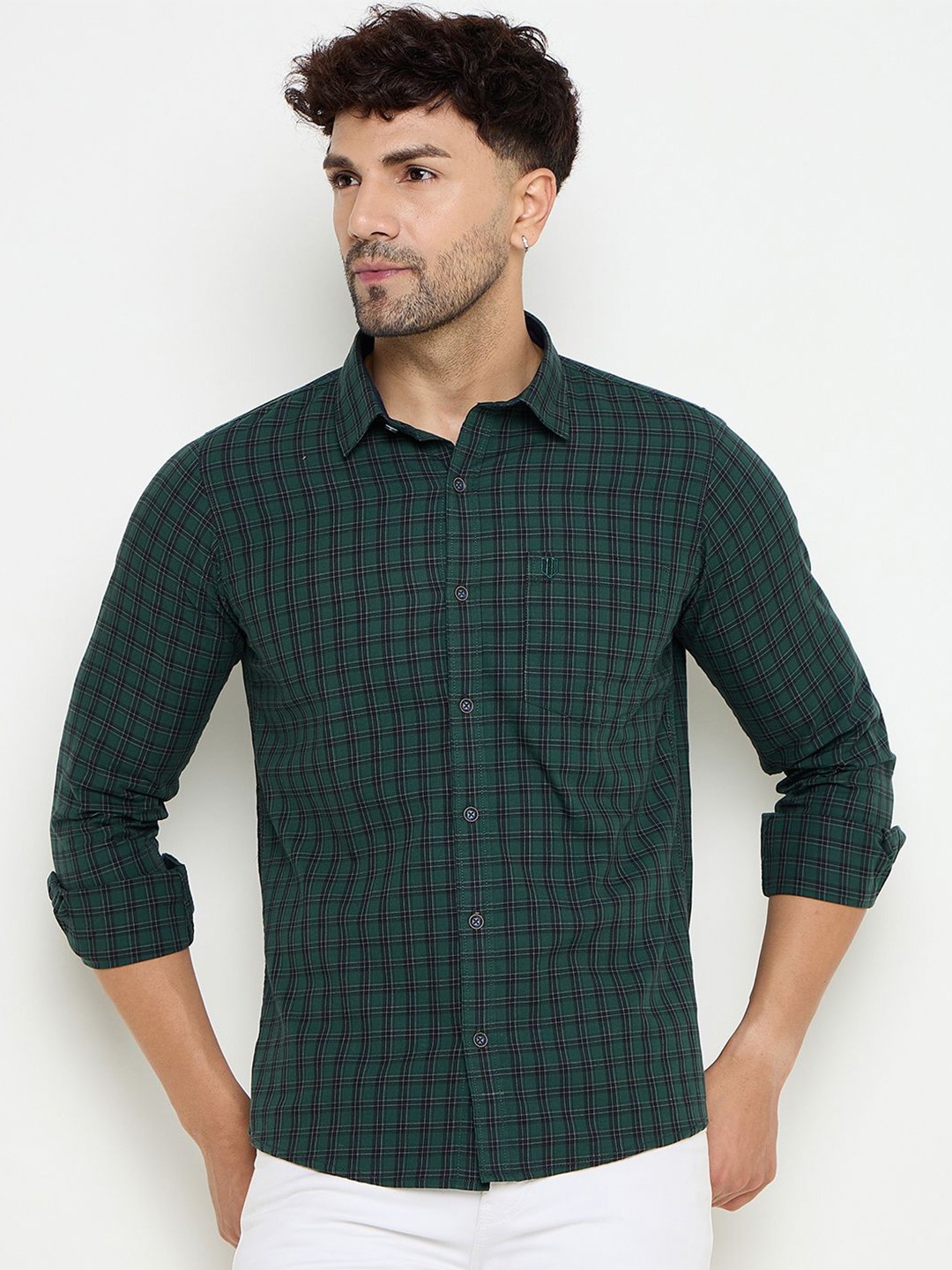 

Duke Men Slim Fit Opaque Checked Casual Shirt, Green