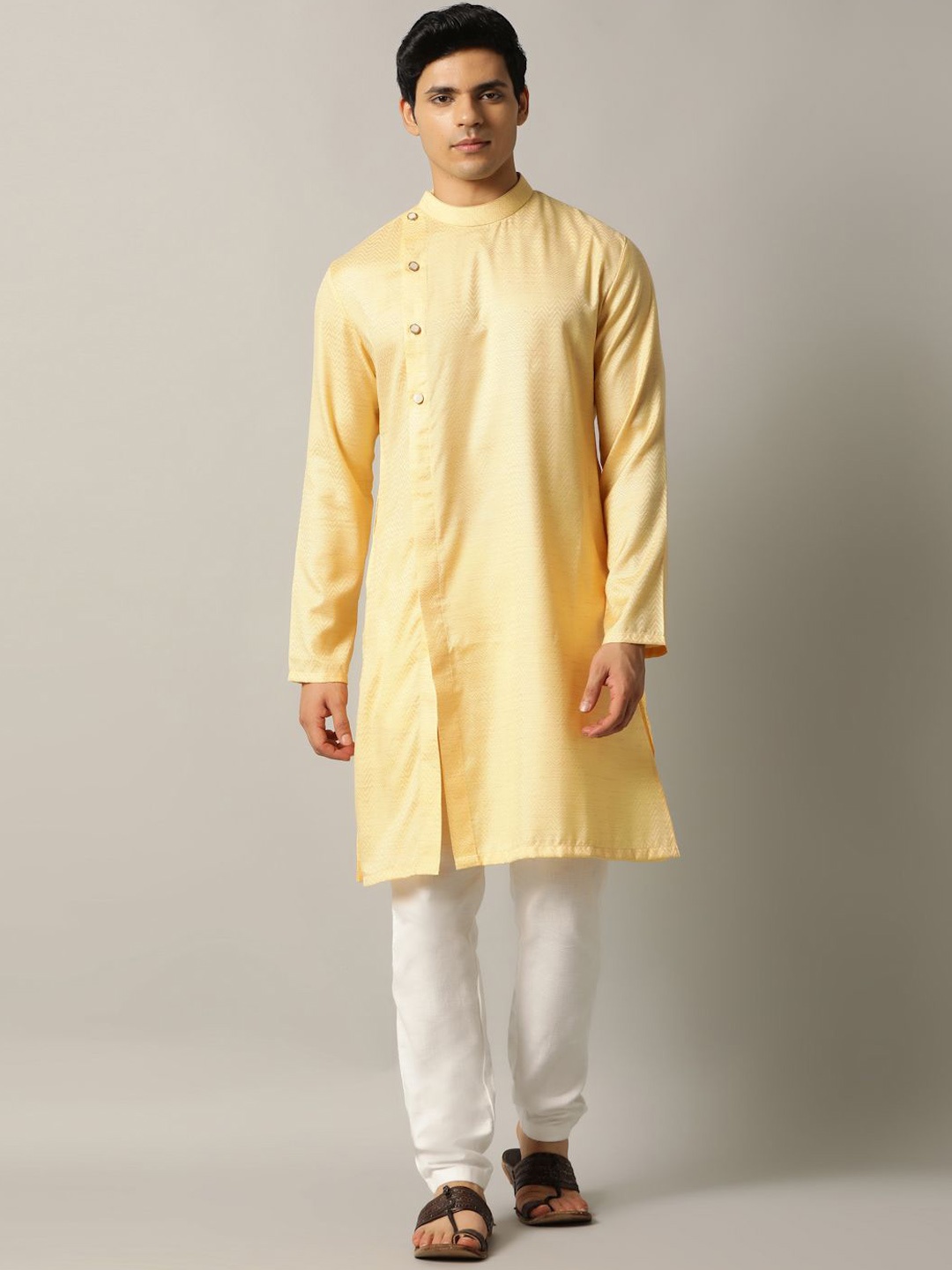 

THE KURTA COMPANY Geometric Woven Design Mandarin Collar Jacquard Angrakha Straight Kurta, Yellow