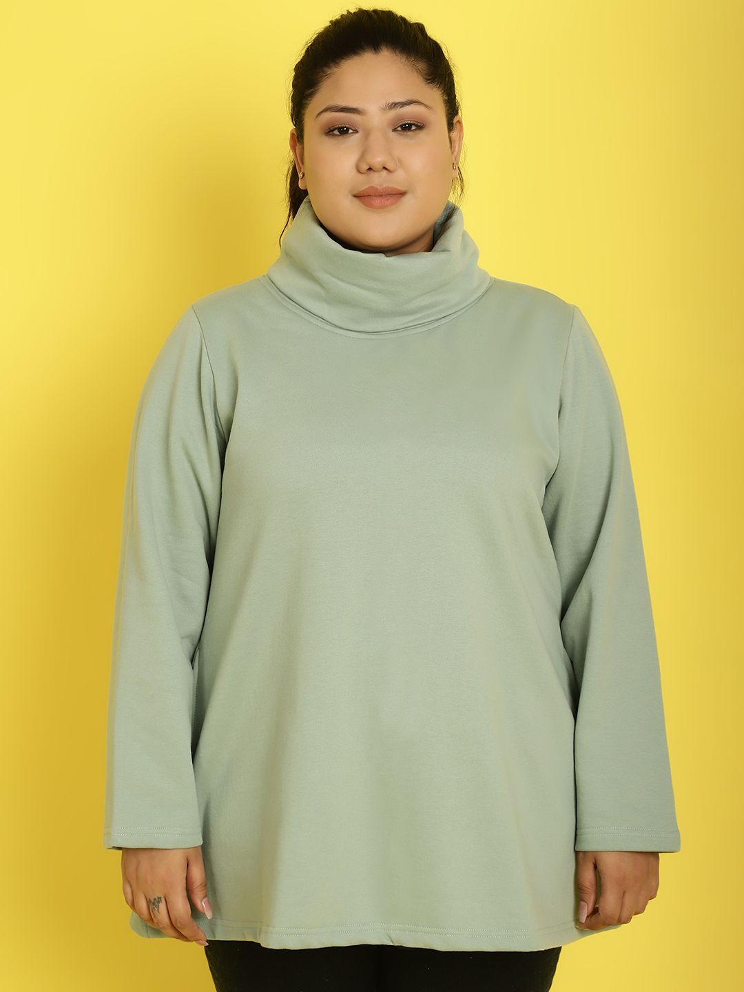 

theRebelinme Women Cotton Plus Size Turtle Neck Long Sleeves Sweatshirt, Green