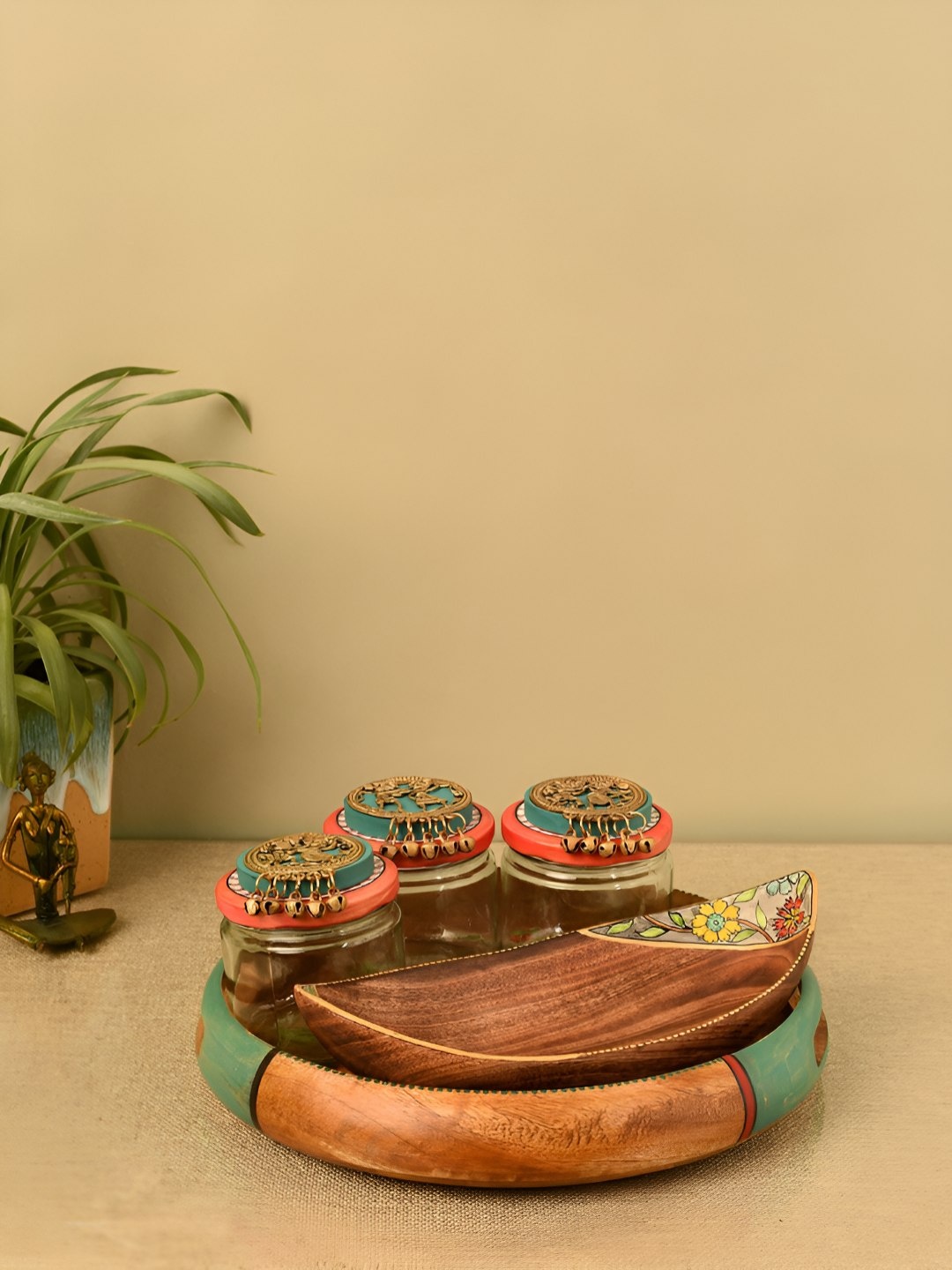 

AAKRITI ART CREATIONS Brown & Peach 4 Pieces Wooden Containers With Serving Tray