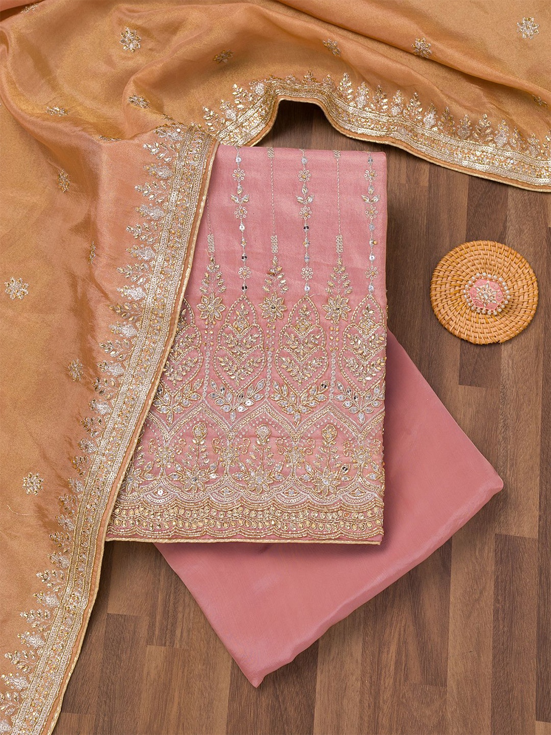 

Koskii Floral Embroidered Beads & Stones Unstitched Dress Material, Pink