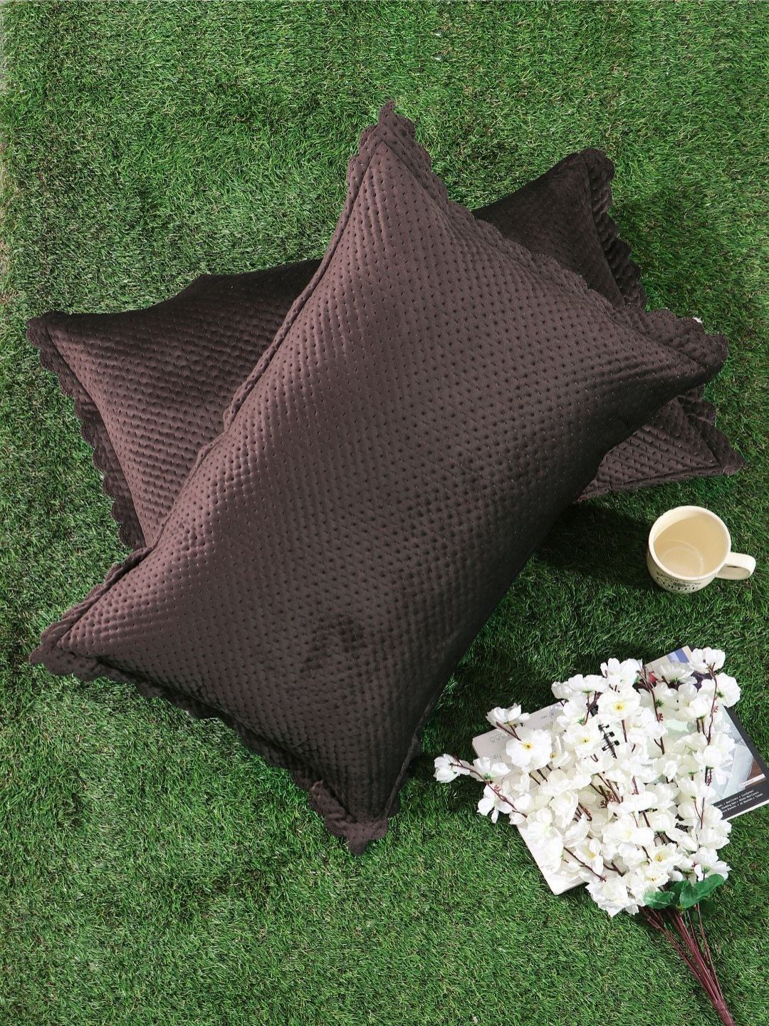 

HOSTA HOMES Brown & White 2 Pieces Self Design Velvet Rectangle Pillow Cover