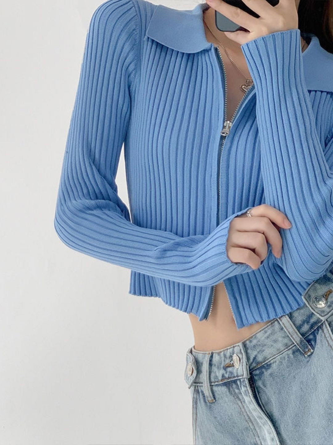 

HERE&NOW Women Shirt Collar Cardigan, Blue
