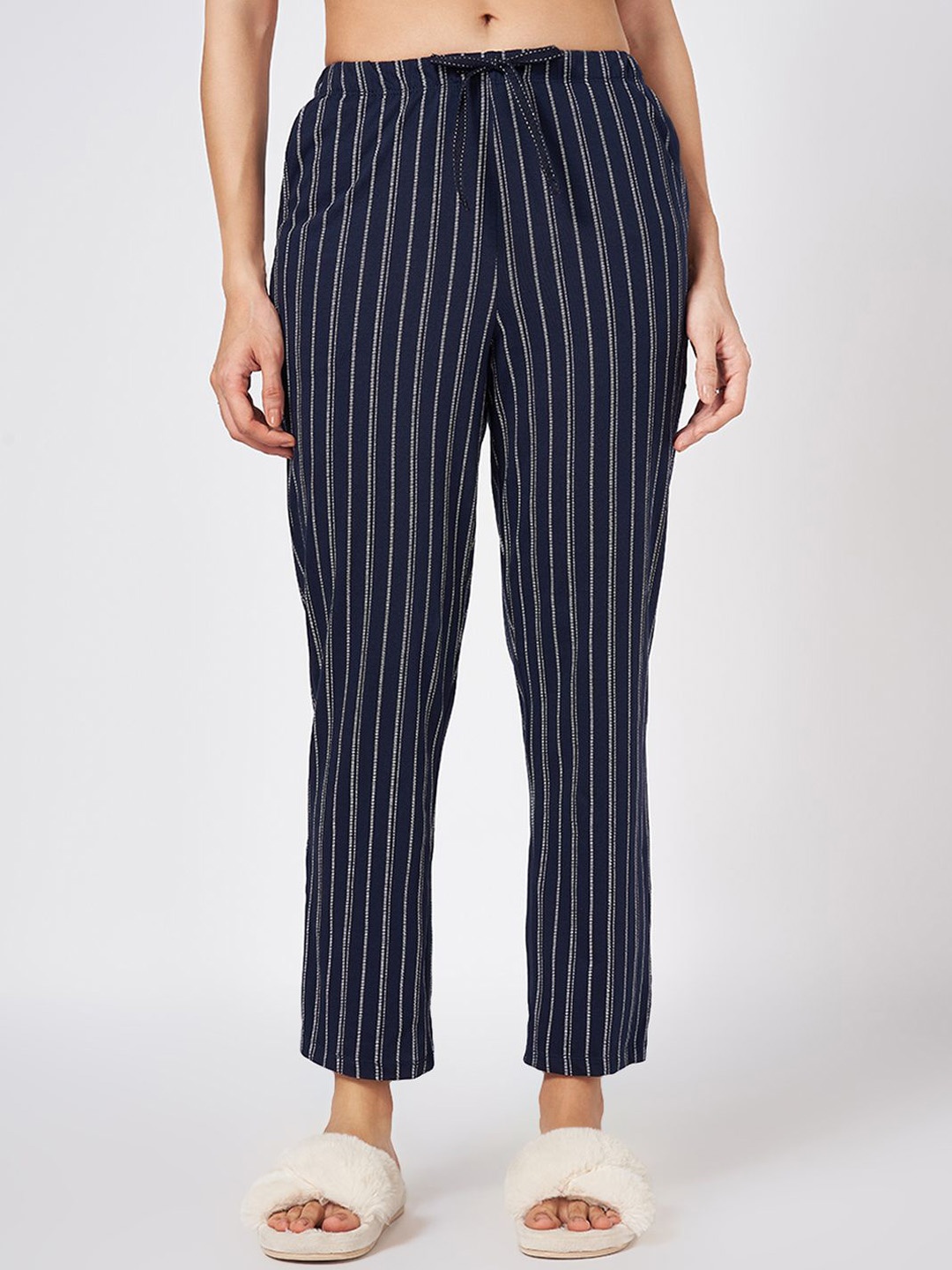 

Dreamz by Pantaloons Women Striped Pure Cotton Lounge Pants, Navy blue