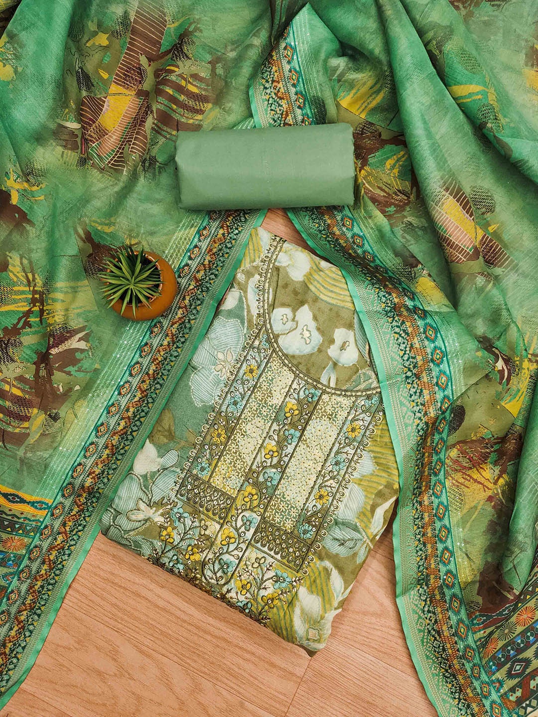 

KALINI Floral Embroidered Modal Unstitched Dress Material, Green