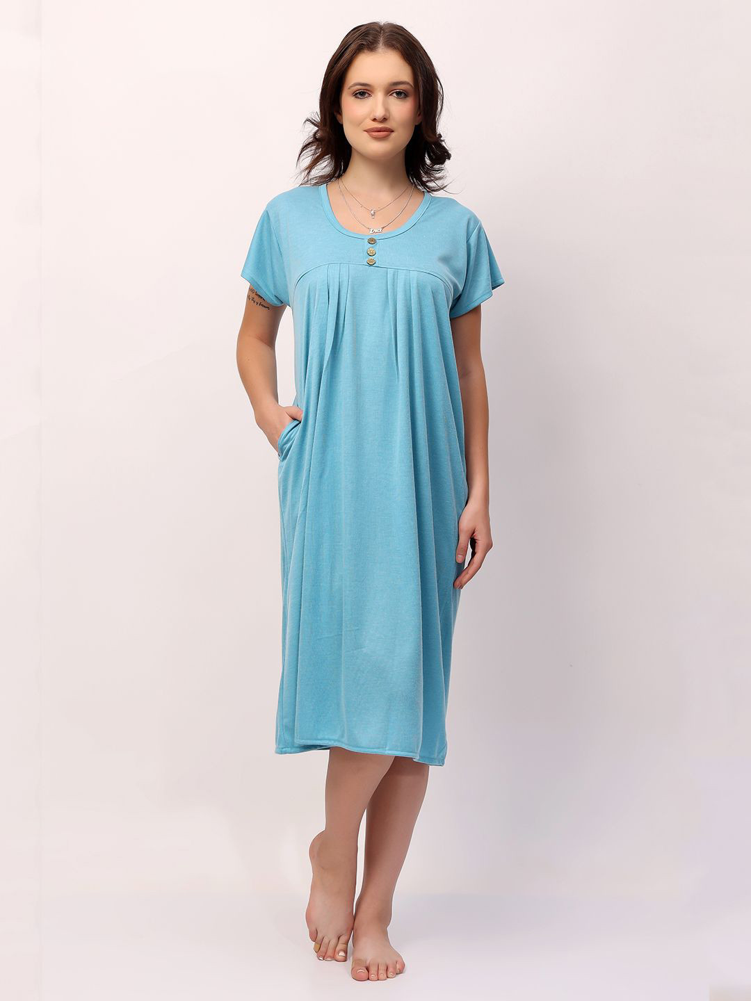 

NIGHT KEYS Women Midi Sweat Nightdress, Blue