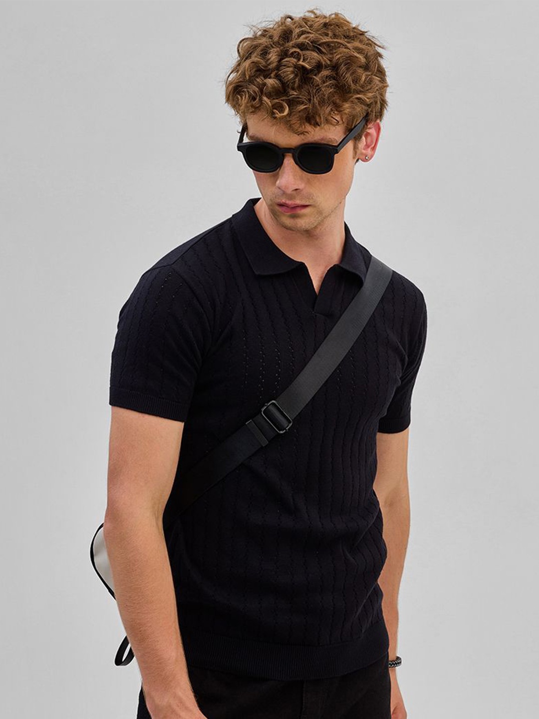 

Snitch Men Self Design Polo Collar Cotton Slim Fit T-shirt, Black