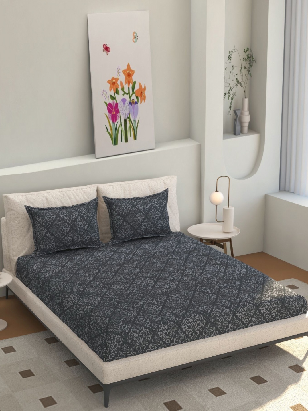 

Florida Charcoal & Grey Floral 200 TC Queen Bedsheet with 2 Pillow Covers