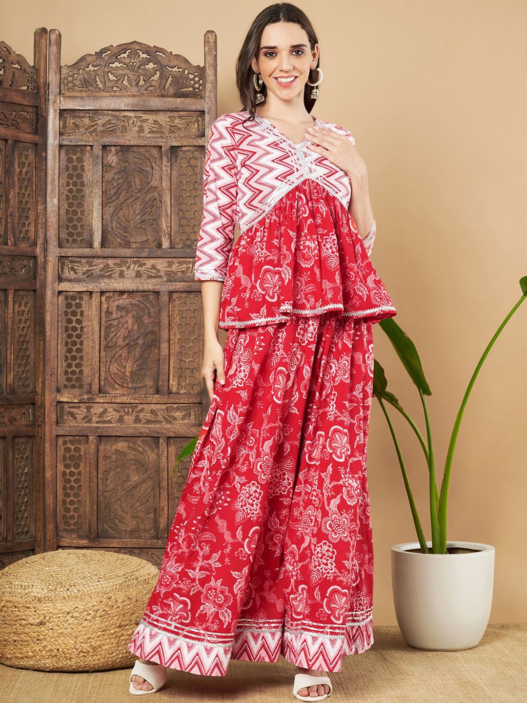 

KALINI Floral Printed Empire Gotta Patti V-Neck Pure Cotton A-Line Kurti With Palazzos, Red