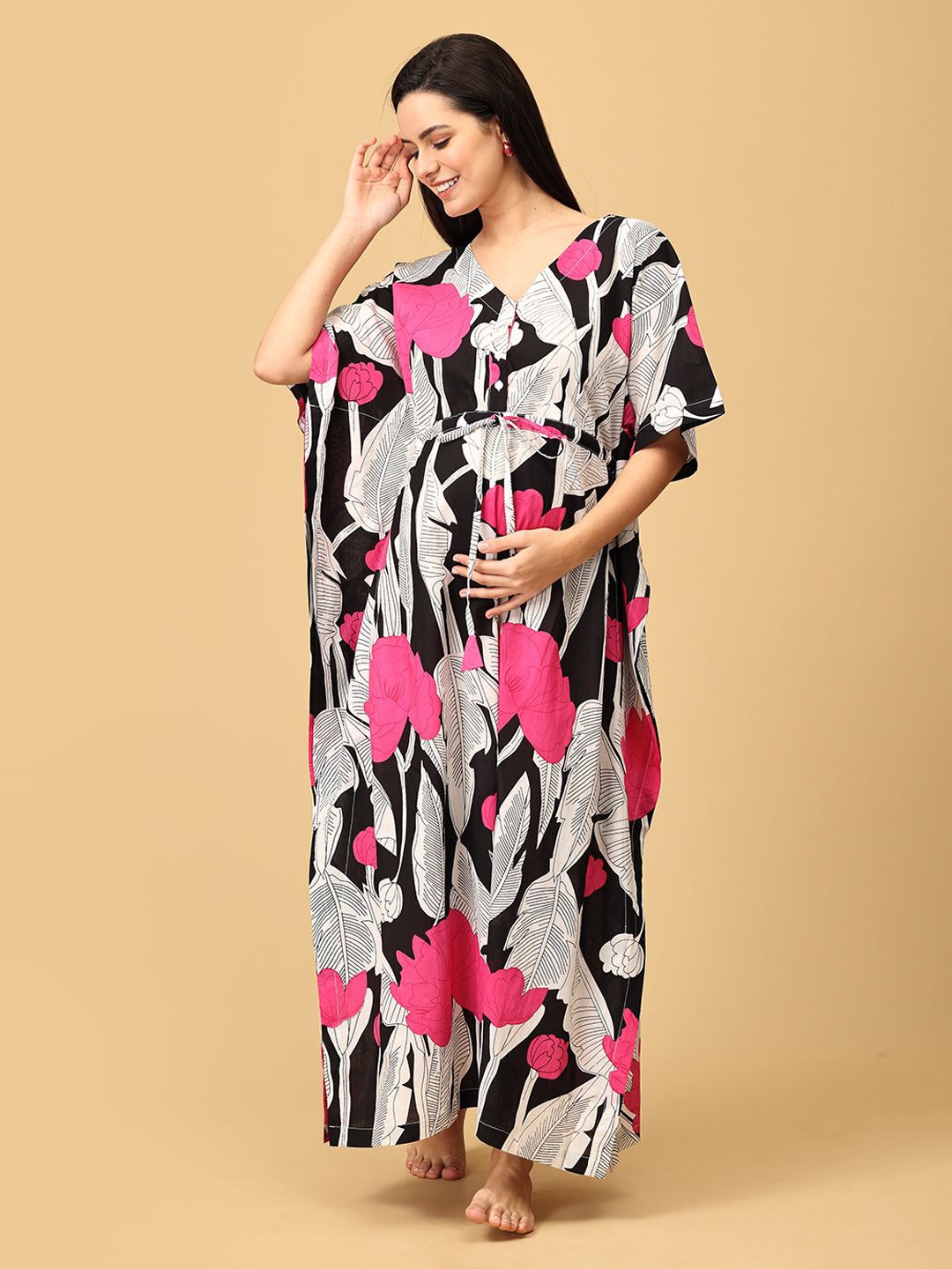 

The Mom Store Women Printed Pure Cotton Kaftan Maxi Nightdress, White