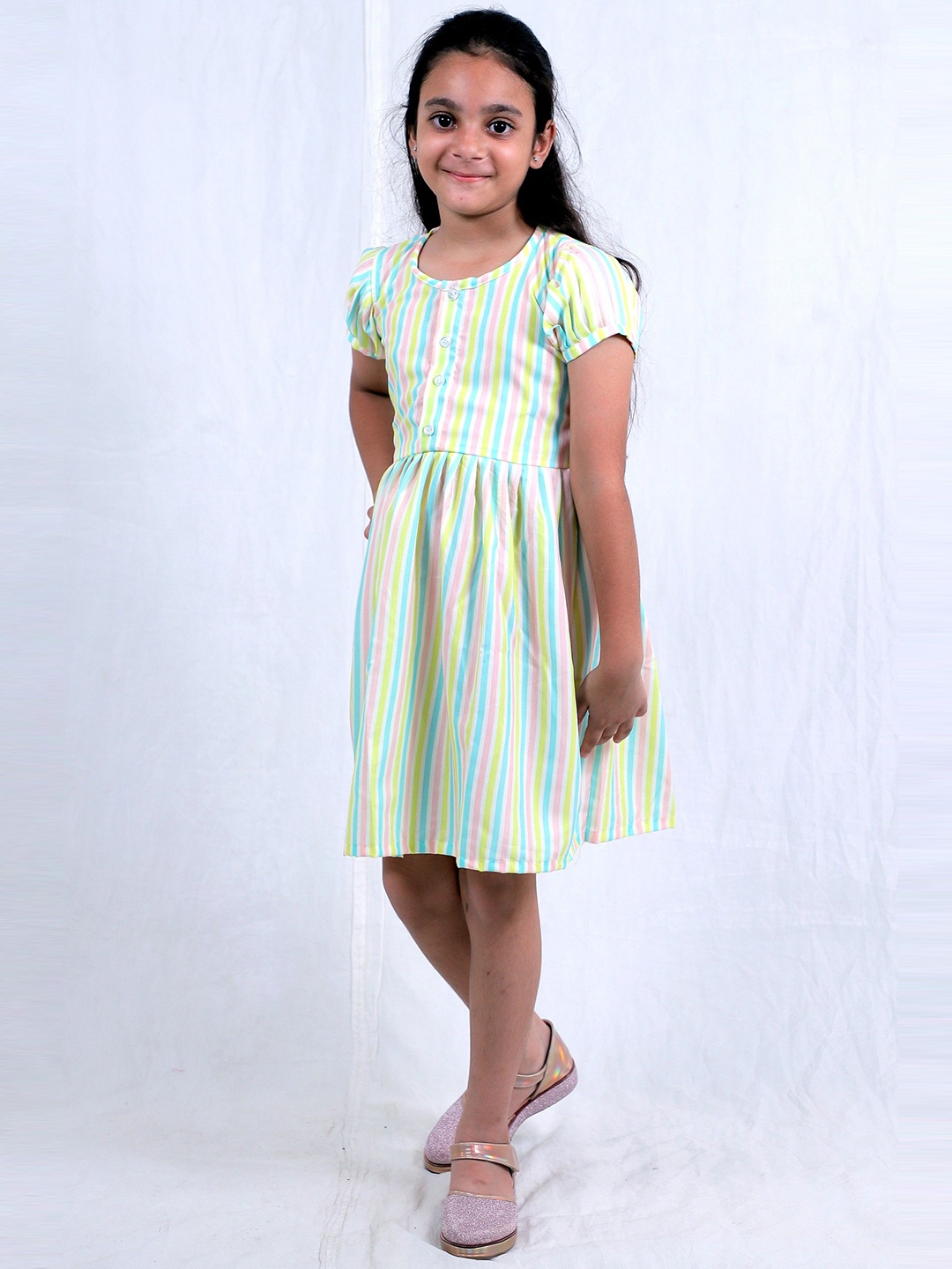 

TILISM Girls Cotton Striped Round Neck Short Sleeves Fit and Flare Dress, Lime green