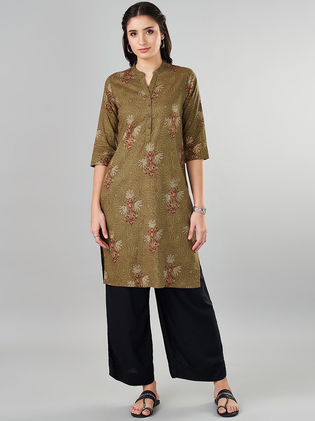 

RANGMANCH BY PANTALOONS Floral Printed Mandarin Collar Pure Cotton Straight Kurta, Olive