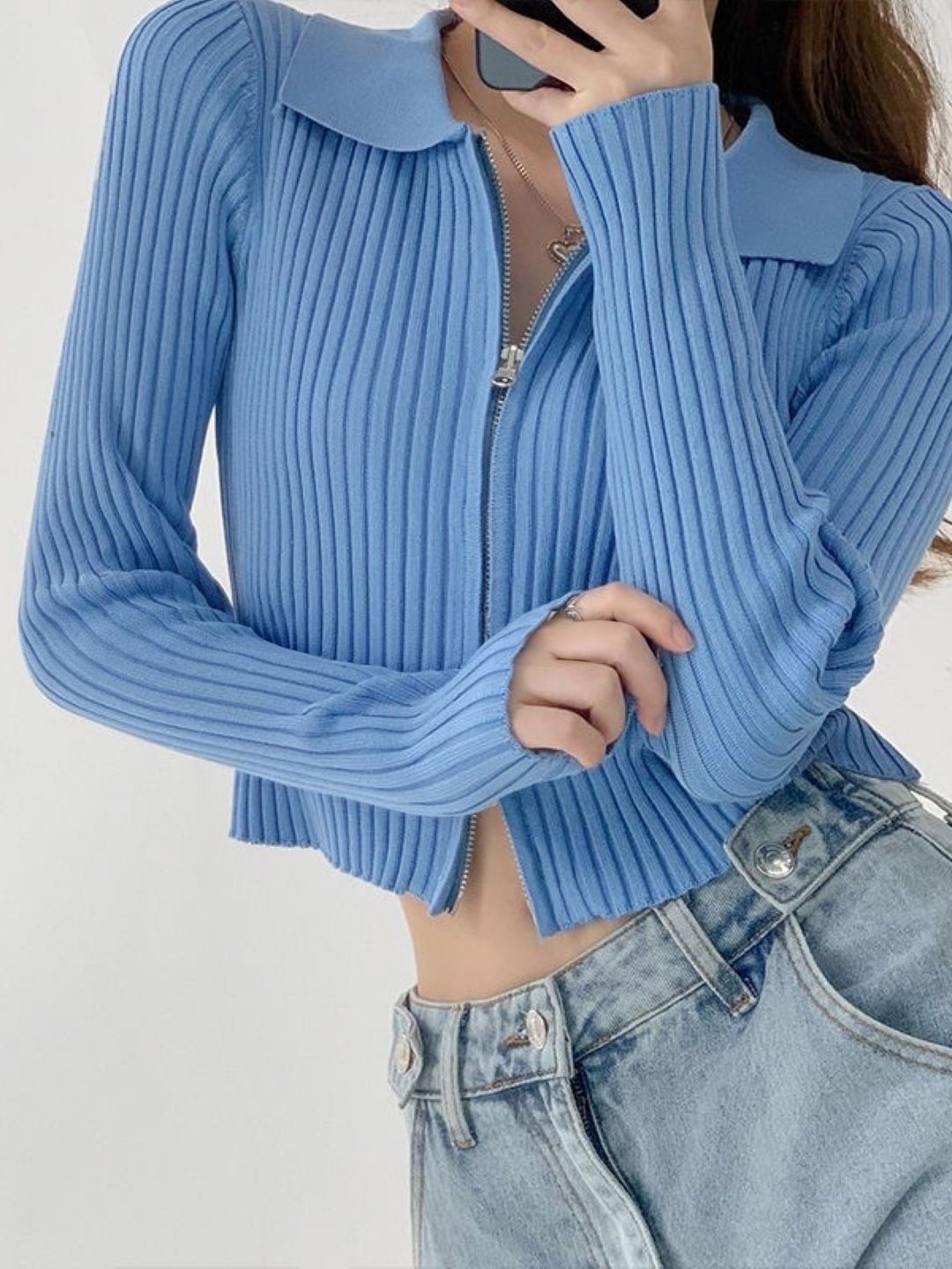 

HERE&NOW Women Ribbed Front-Open Cotton Cardigan, Blue