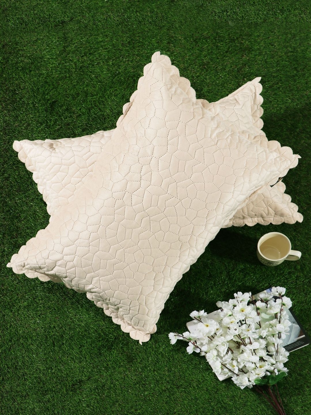 

HOSTA HOMES Cream-Coloured 2 Pieces Self Design Velvet Rectangle Pillow Covers