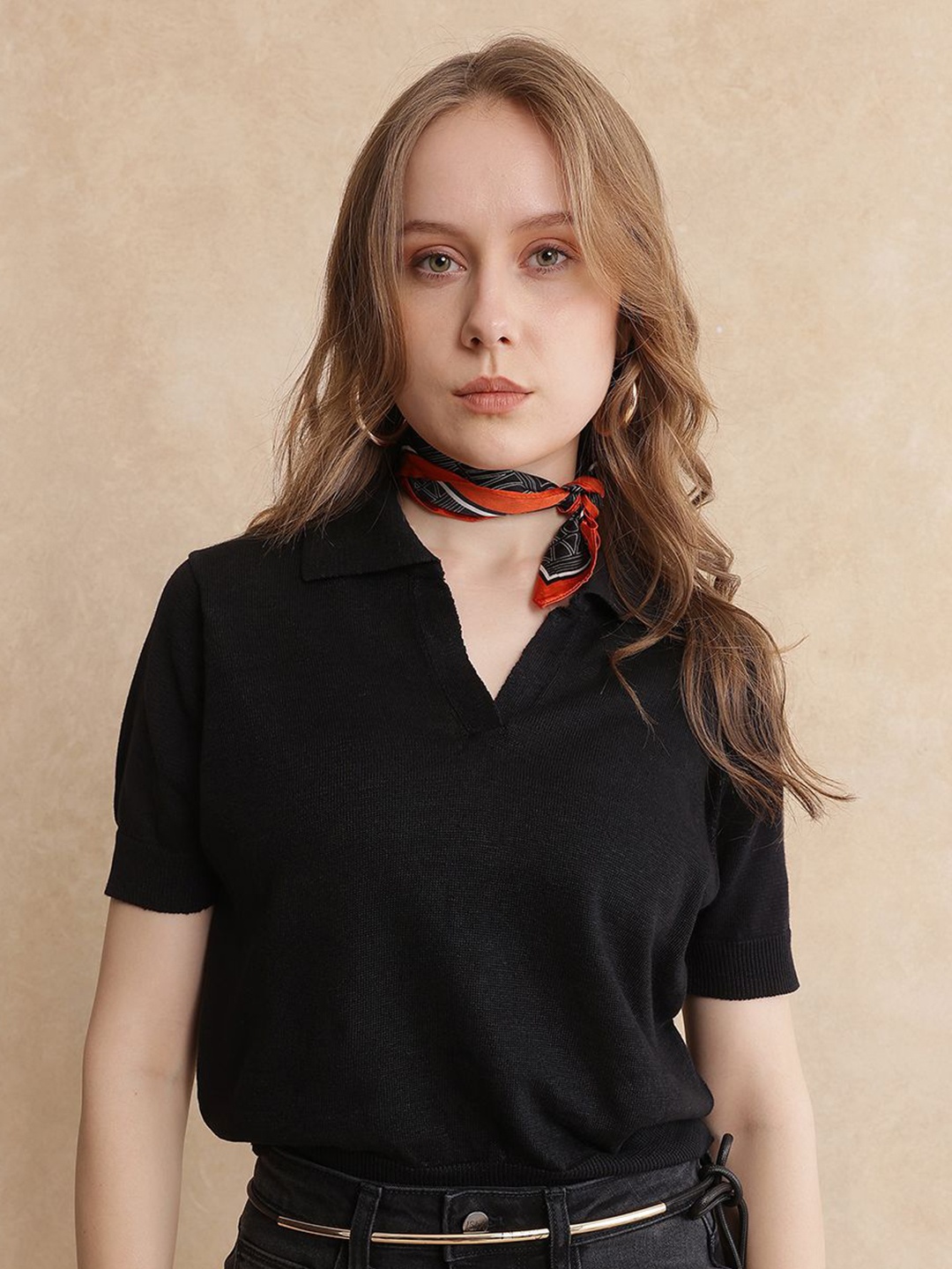 

RAREISM Women Polo Collar Pockets T-shirt, Black