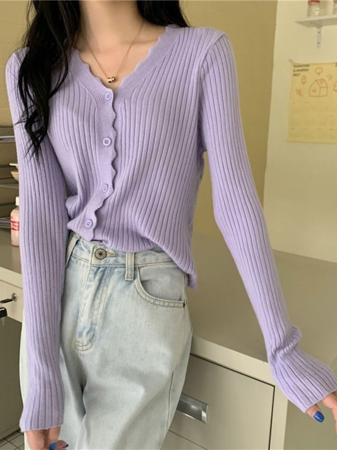 

HERE&NOW Women V-Neck Solid Long Sleeves Front-Open Sweater, Purple