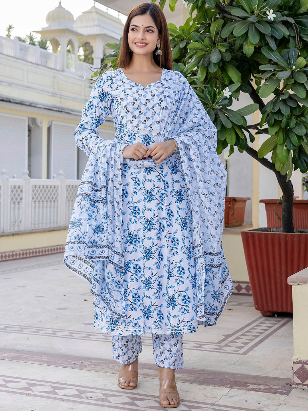 

PARTHVI Floral Printed Regular Pure Cotton Anarkali Kurta With Trouser With Dupatta, Blue