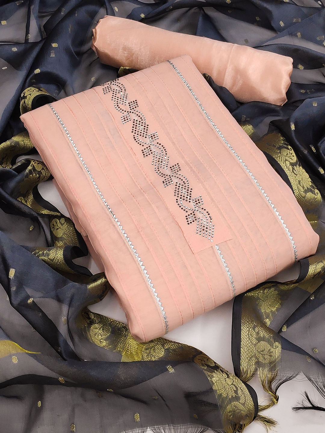 

Maroosh Beads & Stones Embellished Unstitched Dress Material, Peach