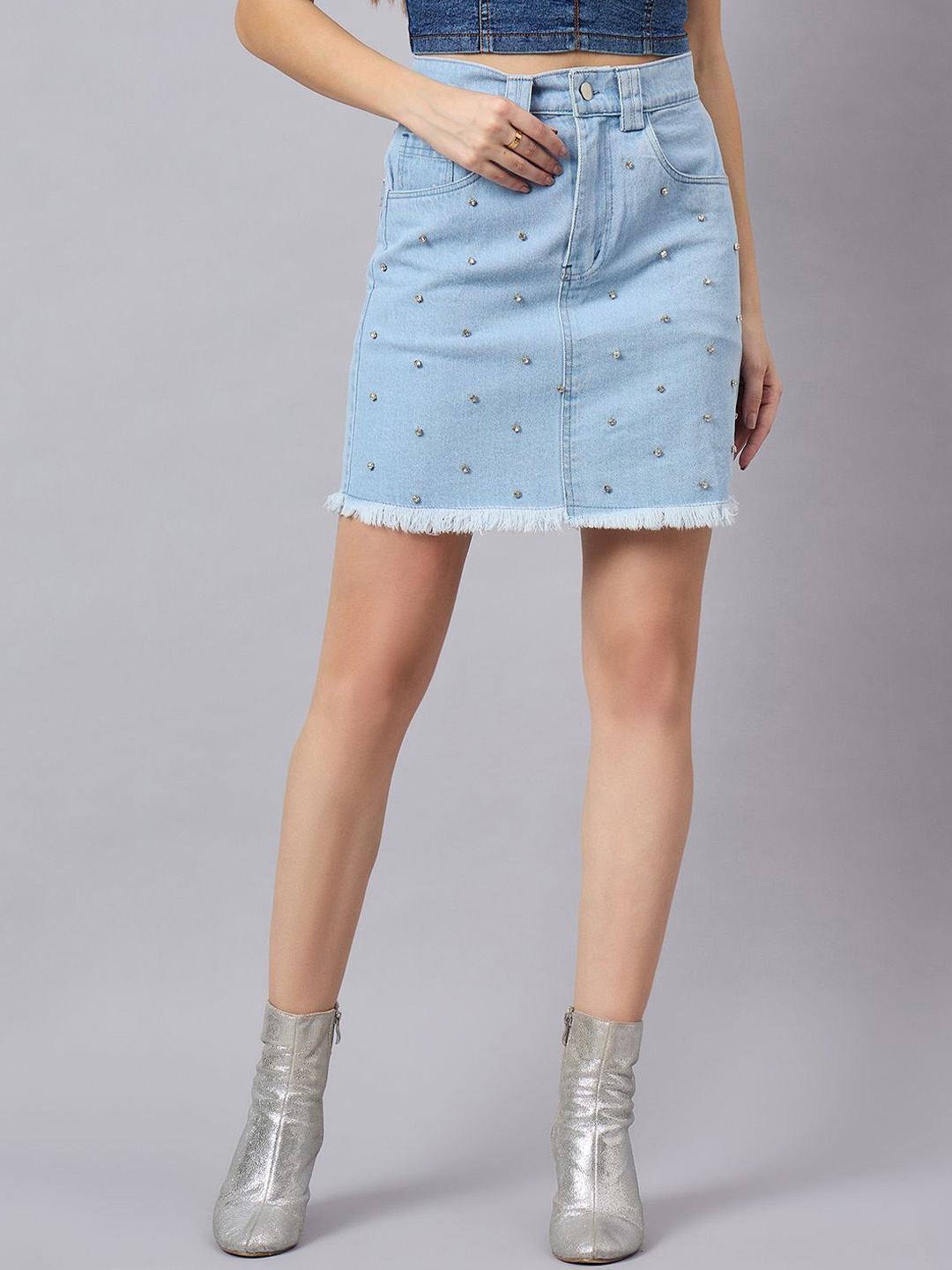 

Orchid Blues Women Embellished Straight Mini Skirt, Blue