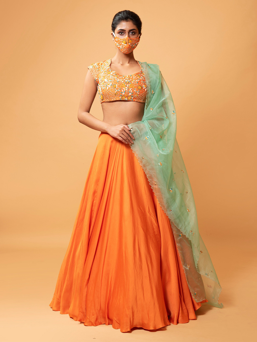 

Quench A Thirst Embroidered Sequinned Ready to Wear Lehenga & Blouse With Dupatta, Orange