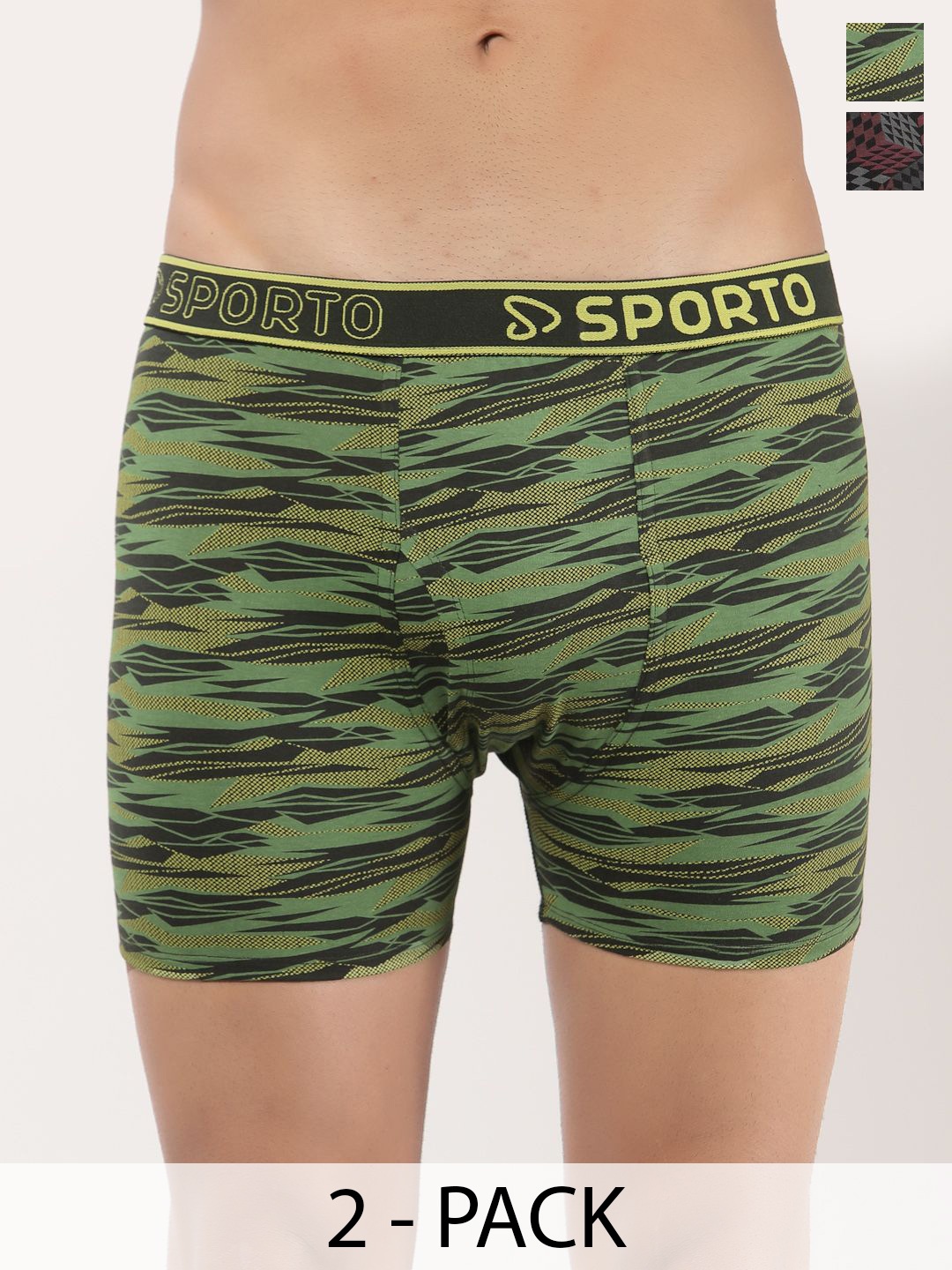 

SPORTO Men Pack Of 2 Printed Pure Cotton Breathability Trunks SP-TR-M1031-BLK-OLI-S-2P-RE, Green
